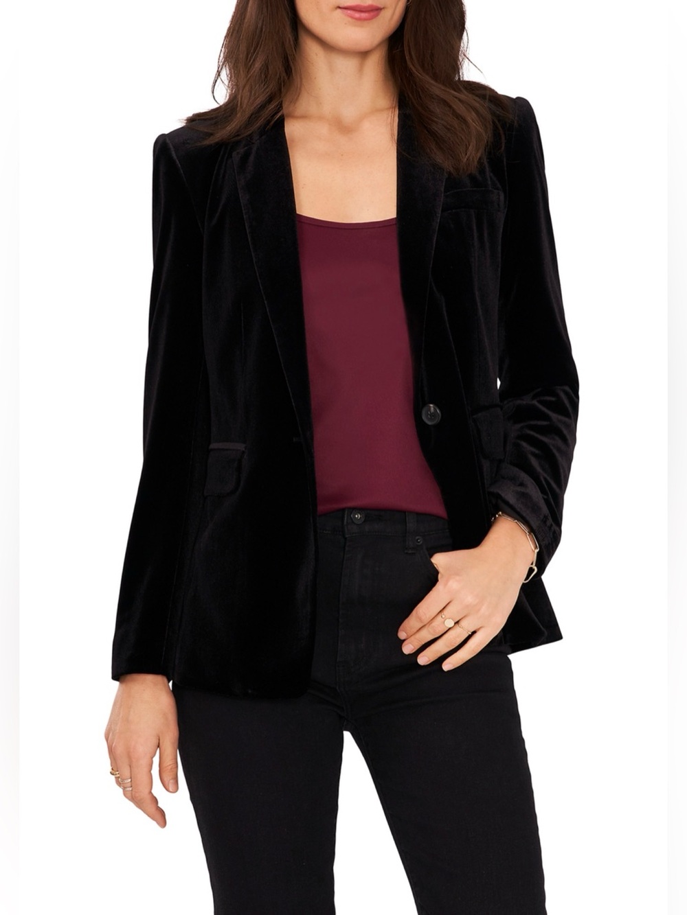 1 STATE Women's Classic Black Velvet Single-Button Blazer.